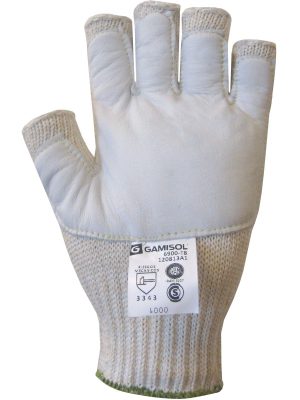 Guante jersey galga 7 de algodón y poliéster. Liso. Refuerzo de vaqueta en palma. Open Finger. 6900
