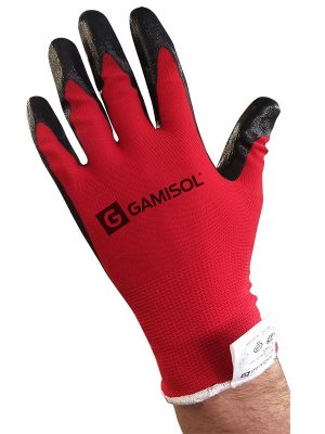 Guante G13 poliéster rojo bañado en NITRILO, dorso ventilado. N1002
