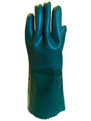 Guante interlock. Bañado completo  en PVC verde. Con puño de seguridad. PV127