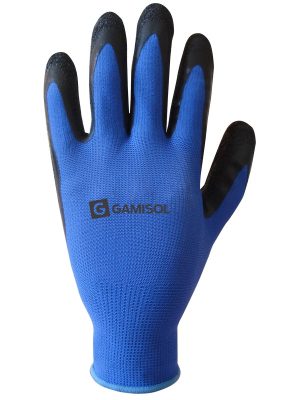 Guante jersey galga 13 de poliéster azul. Bañado ventilado en látex natural corrugado. L1001B