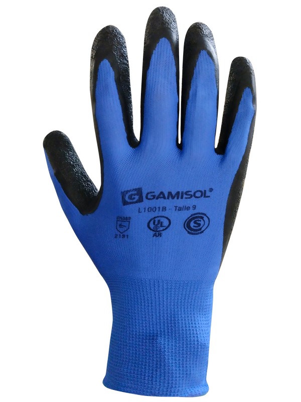 Guante jersey galga 13 de poliéster azul. Bañado ventilado en látex natural corrugado. L1001B - Imagen 6