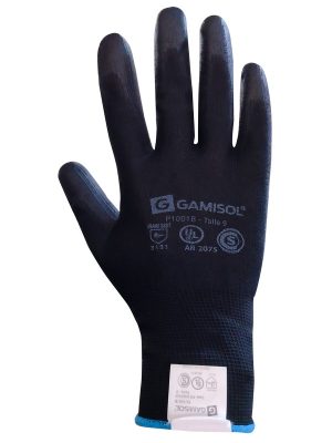 Guante G13 poliéster negro bañado en PU, dorso ventilado. PU1001B
