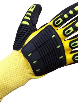Guante poliéster amarillo G13, bañado en nitrilo liso completo y nitrilo rugoso ventilado con dispositivo tpr en dorso y almohadilla en palma N1005