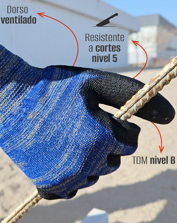 Guante G13 de fibra técnica y poliéster, resistente corte nivel 5. Moteado libre 1º falange y baño PU ventilado negro PU1004 - Imagen 2