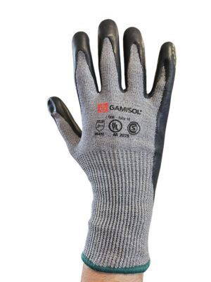 Guante tejido G13 de fibra resistente a cortes HPPE bañado ventilado en ecolátex negro. L1006
