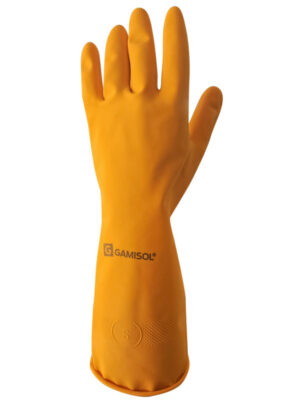 Guante de látex naranja, interior flocado. De 32 cm de largo. Con grip en palma en  forma de diamantes. L1008