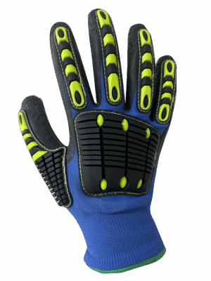 Guante G13 tejido jersey de poliéster azul. Bañado en LÁTEX NATURAL. Dorso ventilado. Acabado corrugado. TPR con forro de abrigo. L1001AIM