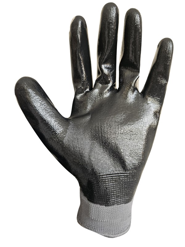 Guante tejido G13 de poliéster bañado completo en nitrilo liso. N1006H