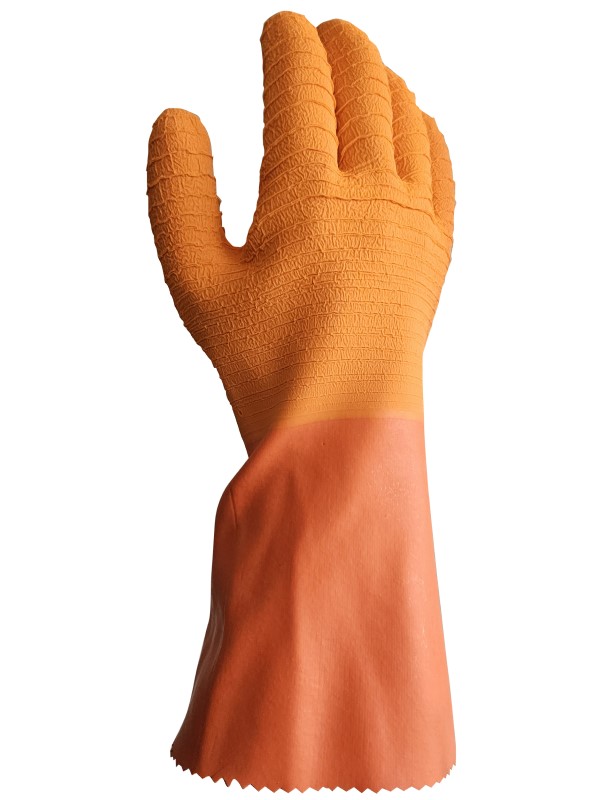 Guante de látex industrial naranja corrugado. De 32 cm de largo. Puño recto antigoteo. L1009H